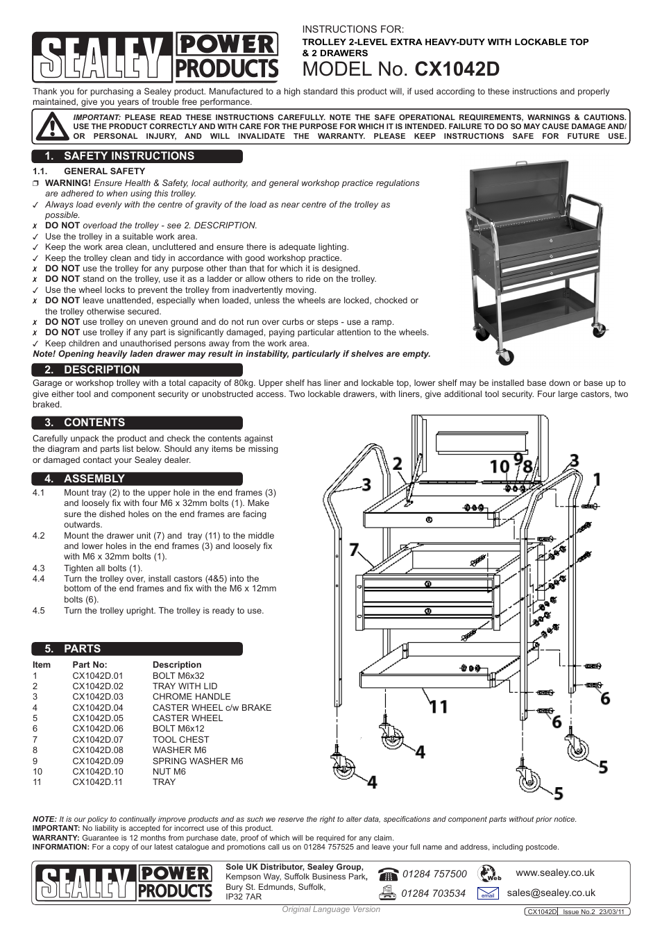 Sealey CX1042D User Manual | 1 page