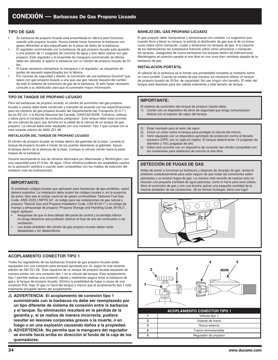 Conexión, Barbacoas de gas propano licuado | Ducane AFFINITY 4100 User Manual | Page 34 / 60