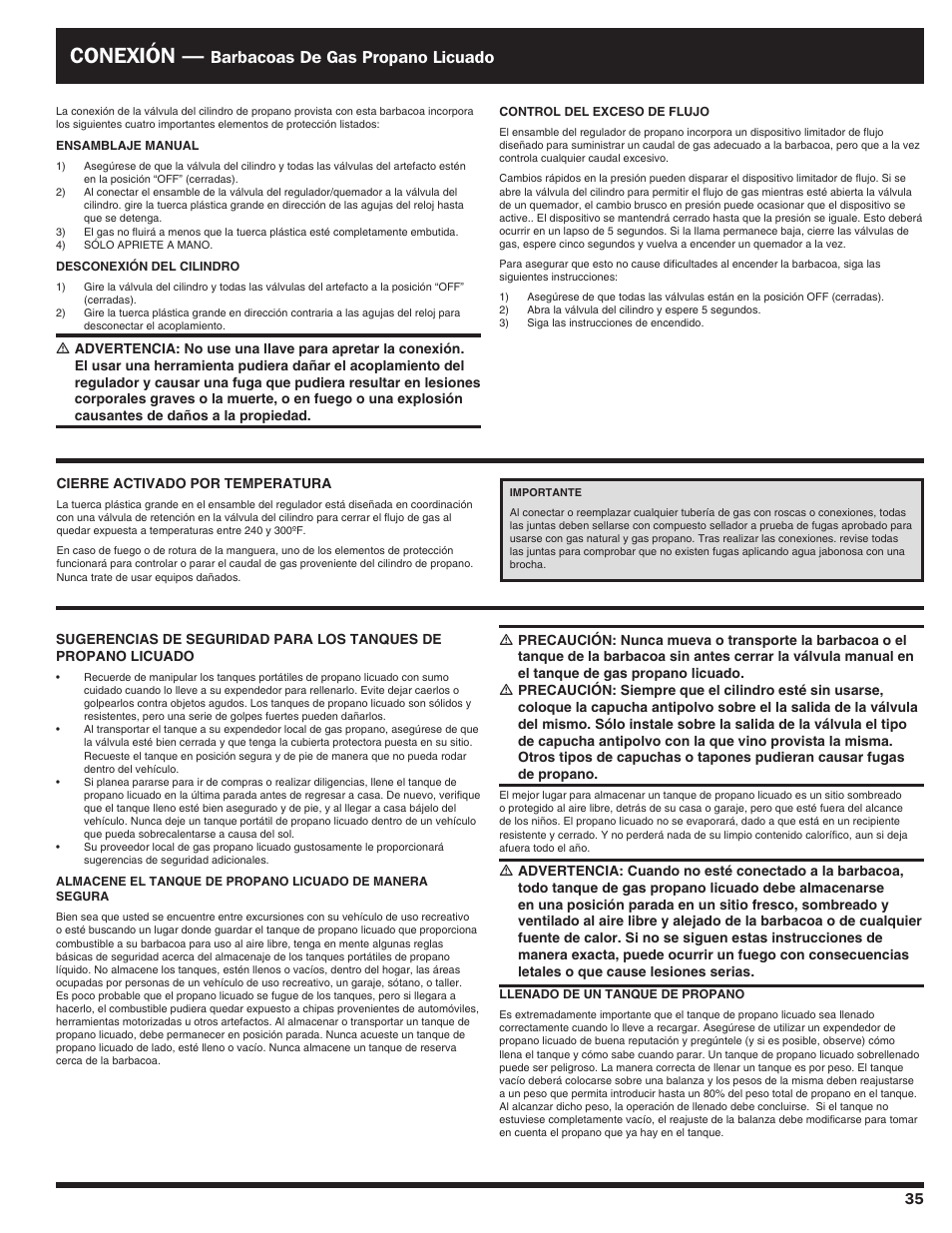 Conexión, Barbacoas de gas propano licuado | Ducane AFFINITY 4100 User Manual | Page 35 / 60