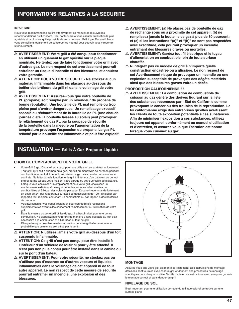 Informations relatives a la securite installation, Grills à gaz propane liquide | Ducane AFFINITY 4100 User Manual | Page 47 / 60