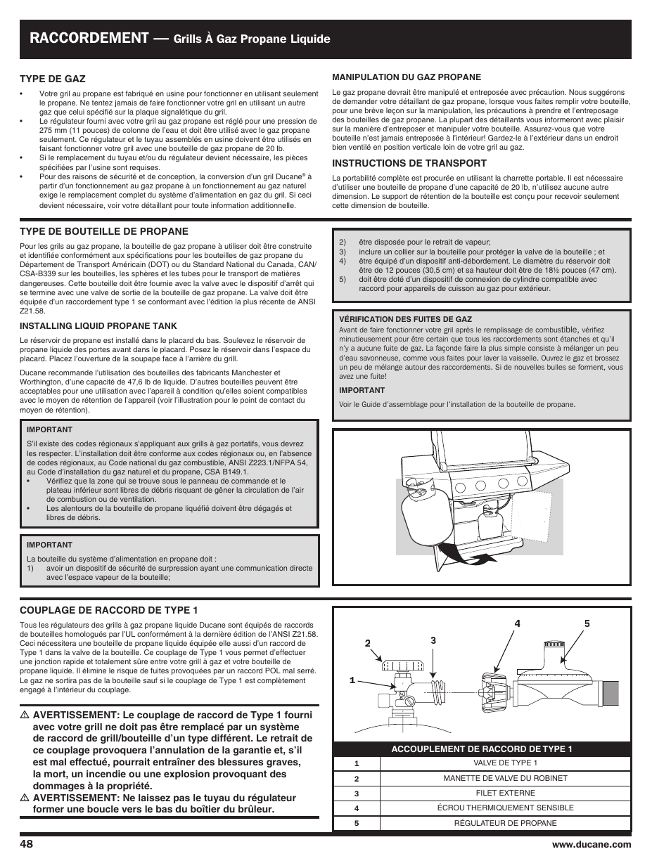 Raccordement, Grills à gaz propane liquide | Ducane AFFINITY 4100 User Manual | Page 48 / 60