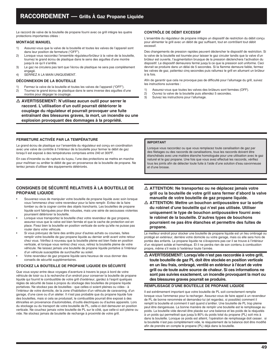 Raccordement, Grills à gaz propane liquide | Ducane AFFINITY 4100 User Manual | Page 49 / 60