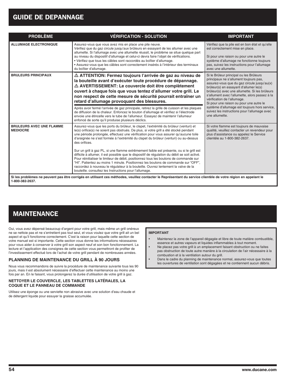 Guide de depannage, Maintenance | Ducane AFFINITY 4100 User Manual | Page 54 / 60