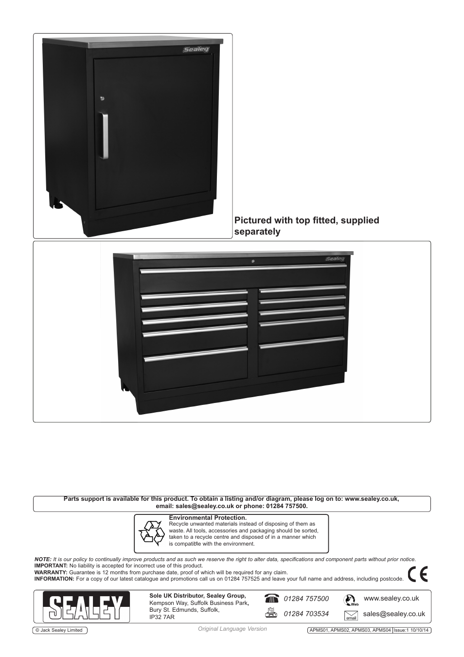 Pictured with top fitted, supplied separately | Sealey APMS01 User Manual | Page 2 / 2