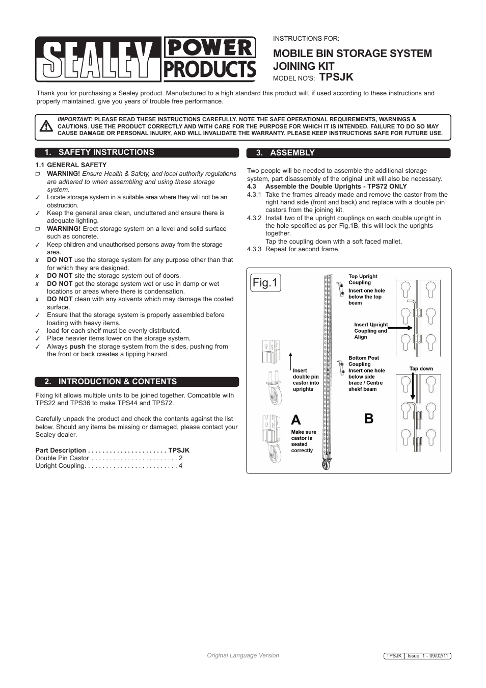 Sealey TPSJK User Manual | 2 pages