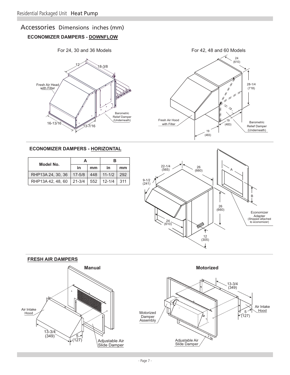 Accessories, Residential packaged unit heat pump, Dimensions inches (mm) | Ducane RHP13 User Manual | Page 7 / 8