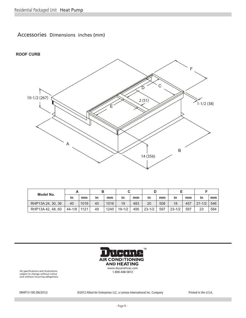 Accessories, Residential packaged unit heat pump, Dimensions inches (mm) | Ducane RHP13 User Manual | Page 8 / 8