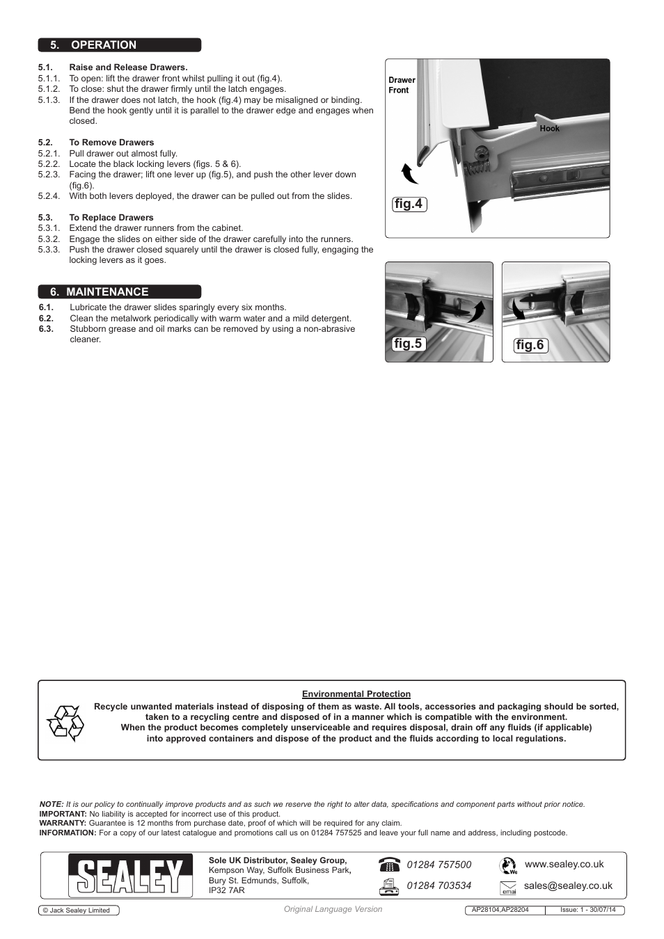 Fig.4 fig.5 fig.6, Operation 6. maintenance | Sealey AP28104 User Manual | Page 2 / 2