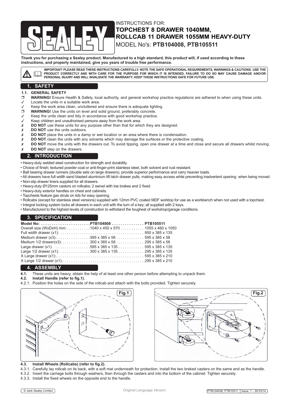 Sealey PTB104008 User Manual | 2 pages