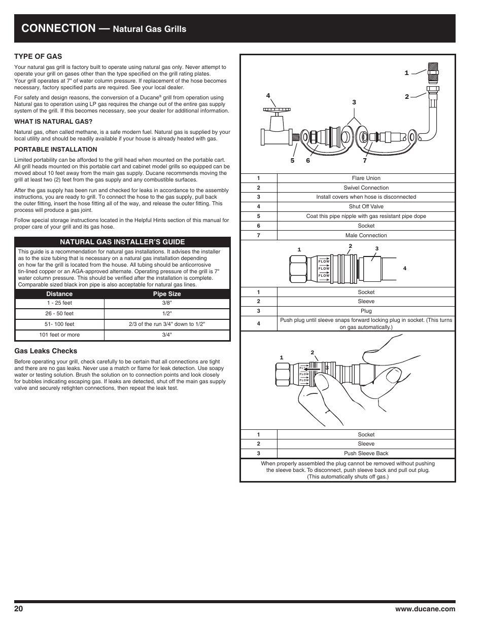 Connection, Natural gas grills, Gas leaks checks | Natural gas installer’s guide | Ducane AFFINITY 3100 User Manual | Page 20 / 60