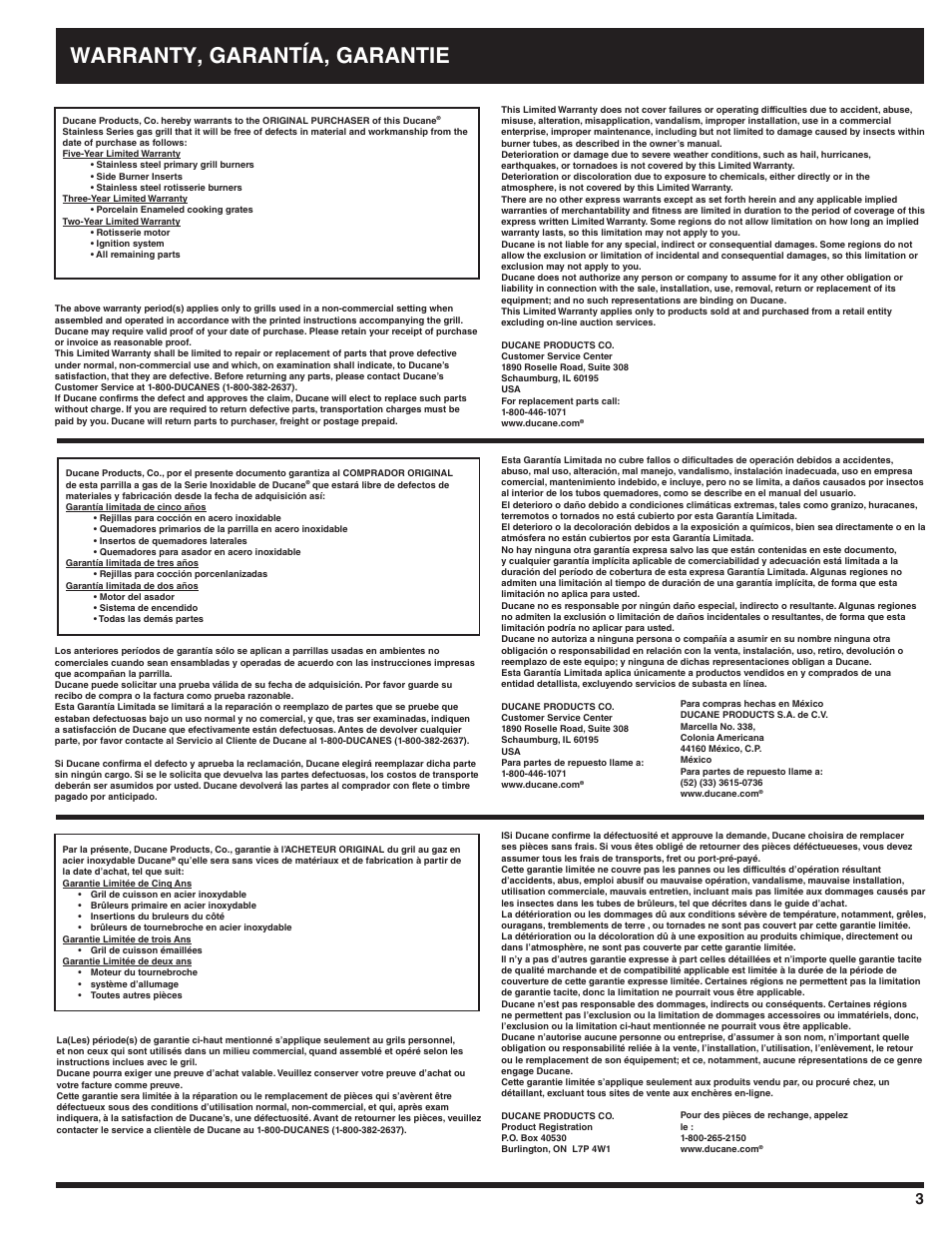 Warranty, garantía, garantie | Ducane AFFINITY 3100 User Manual | Page 3 / 60