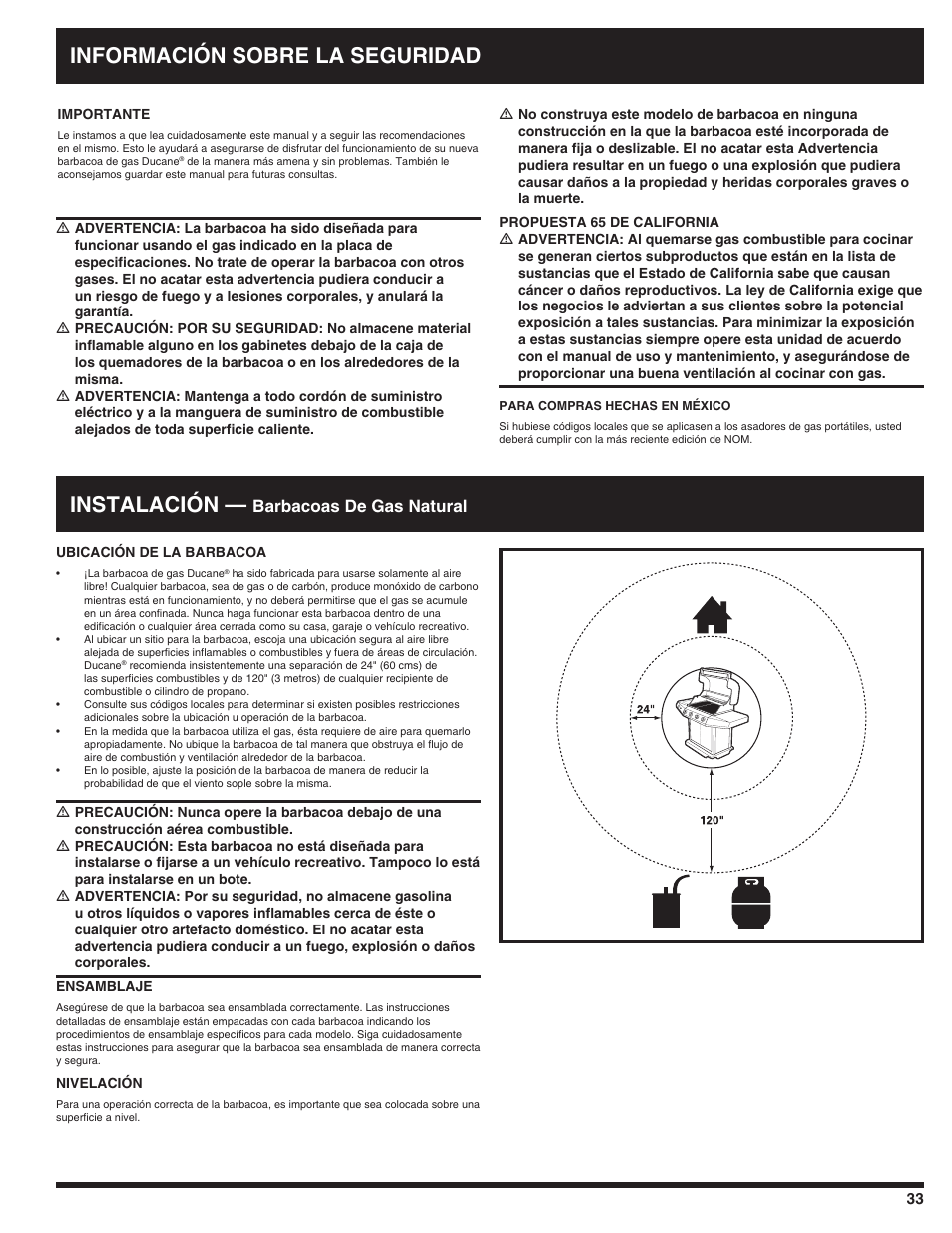 Información sobre la seguridad instalación, Barbacoas de gas natural | Ducane AFFINITY 3100 User Manual | Page 33 / 60