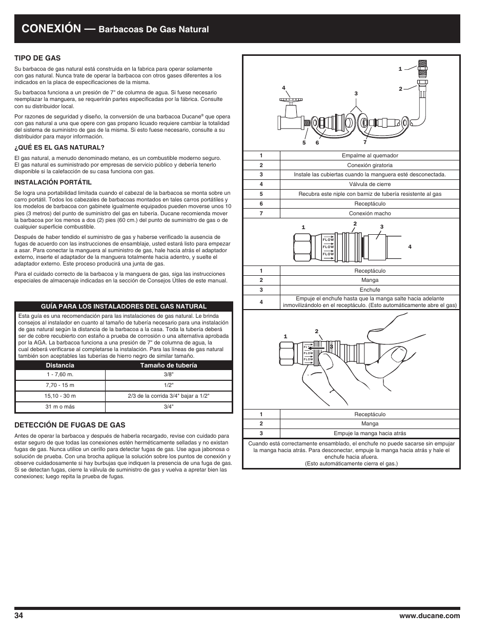 Conexión, Barbacoas de gas natural, Detección de fugas de gas | Ducane AFFINITY 3100 User Manual | Page 34 / 60