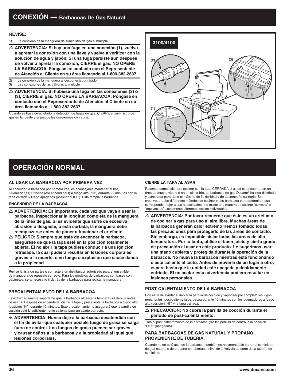 Conexión, Operación normal, Barbacoas de gas natural | Ducane AFFINITY 3100 User Manual | Page 36 / 60