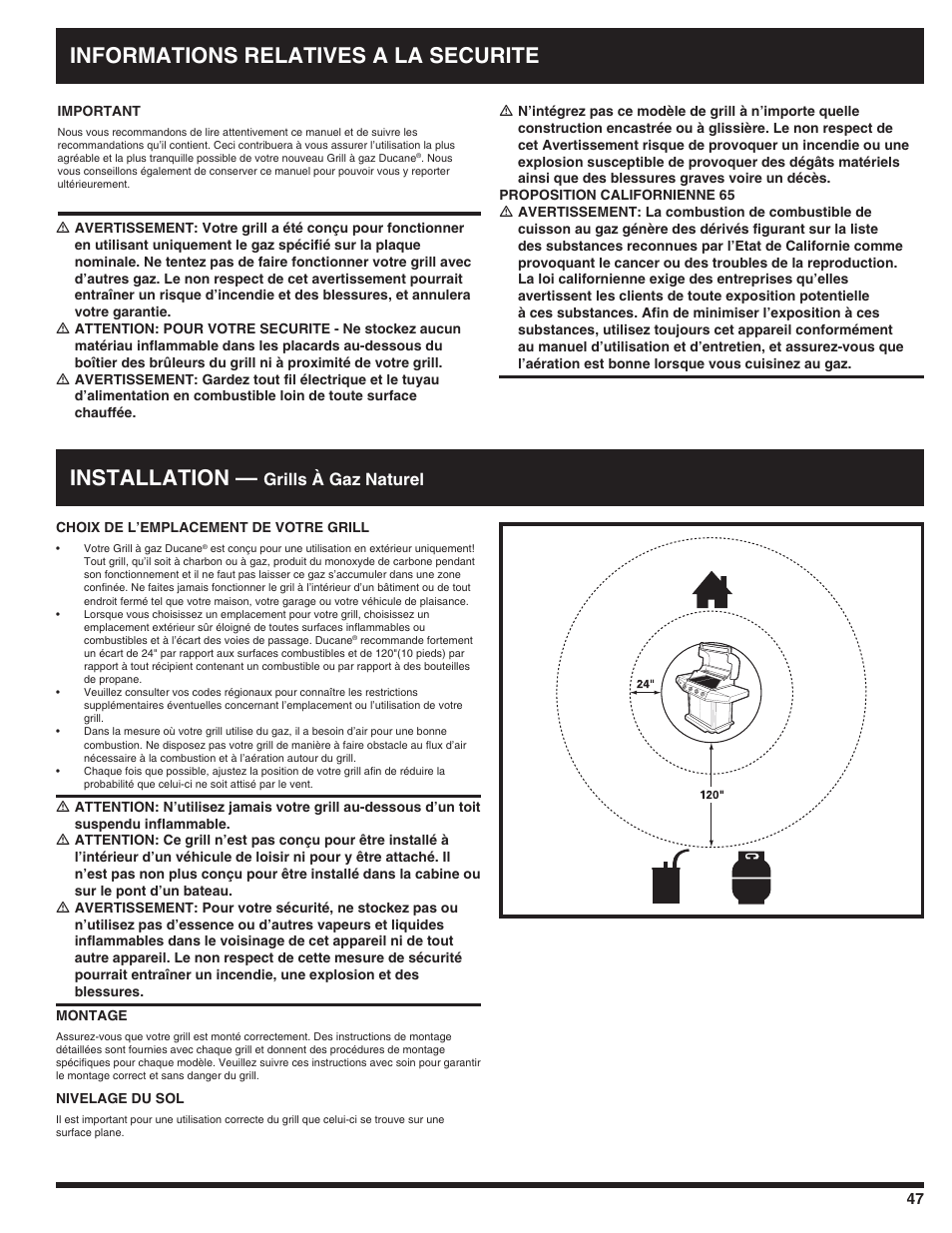 Informations relatives a la securite installation, Grills à gaz naturel | Ducane AFFINITY 3100 User Manual | Page 47 / 60