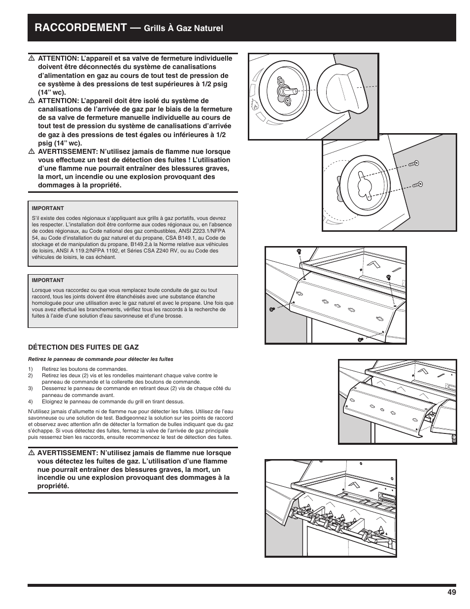 Raccordement, Grills à gaz naturel | Ducane AFFINITY 3100 User Manual | Page 49 / 60