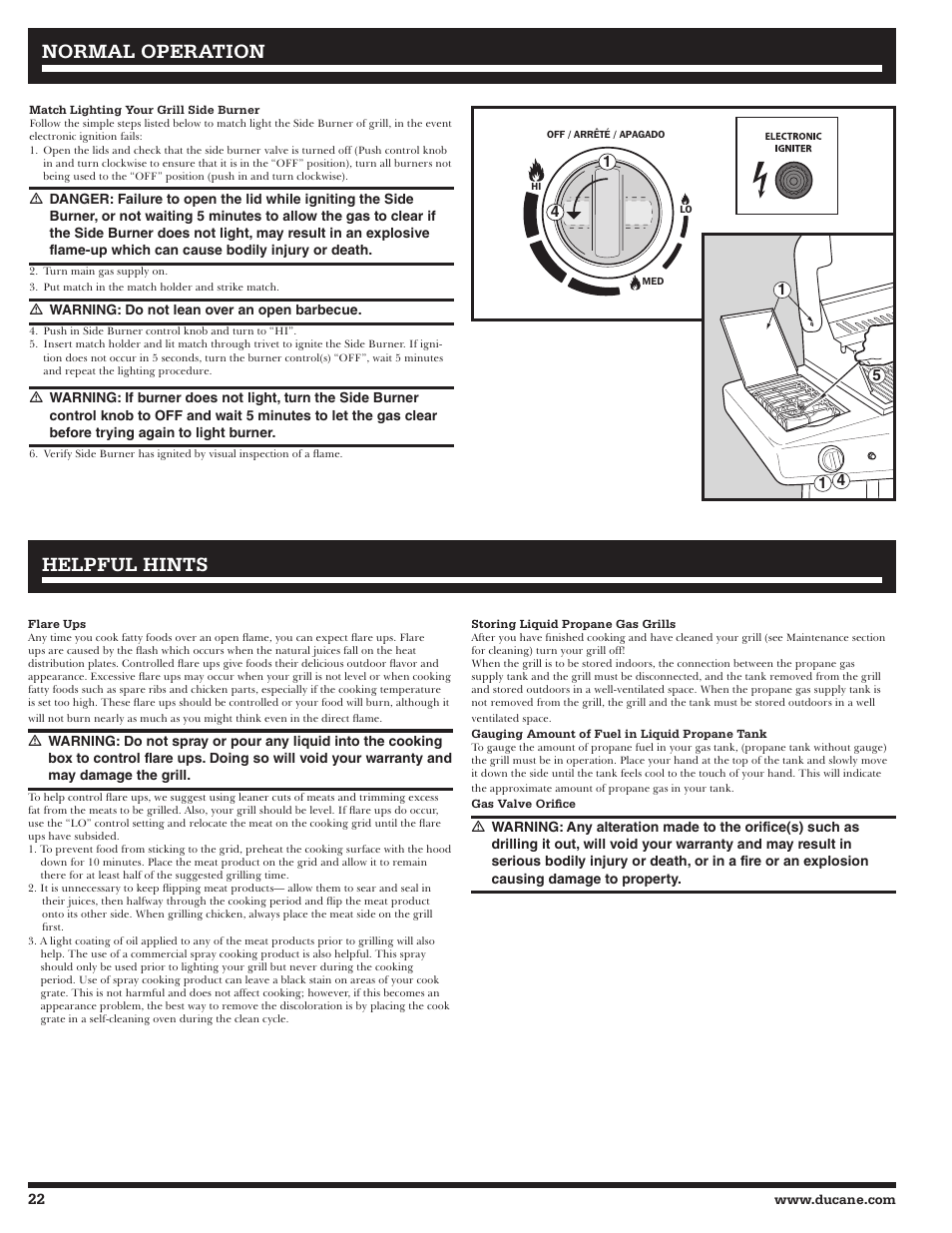 Normal operation, Helpful hints | Ducane Affinity LP Gass Grill 31-3200 User Manual | Page 22 / 60