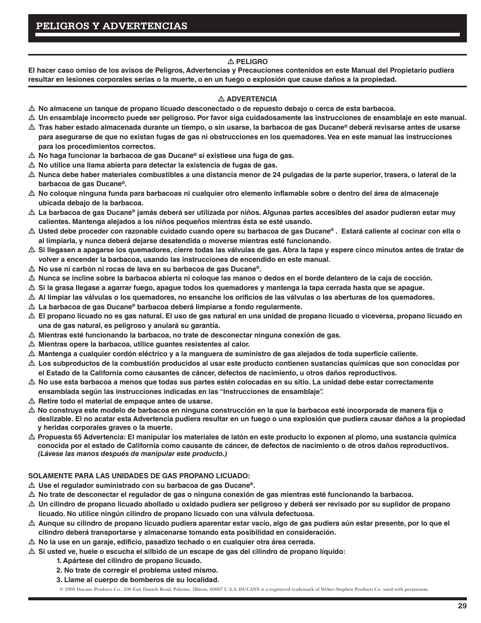 Peligros y advertencias | Ducane Affinity LP Gass Grill 31-3200 User Manual | Page 29 / 60