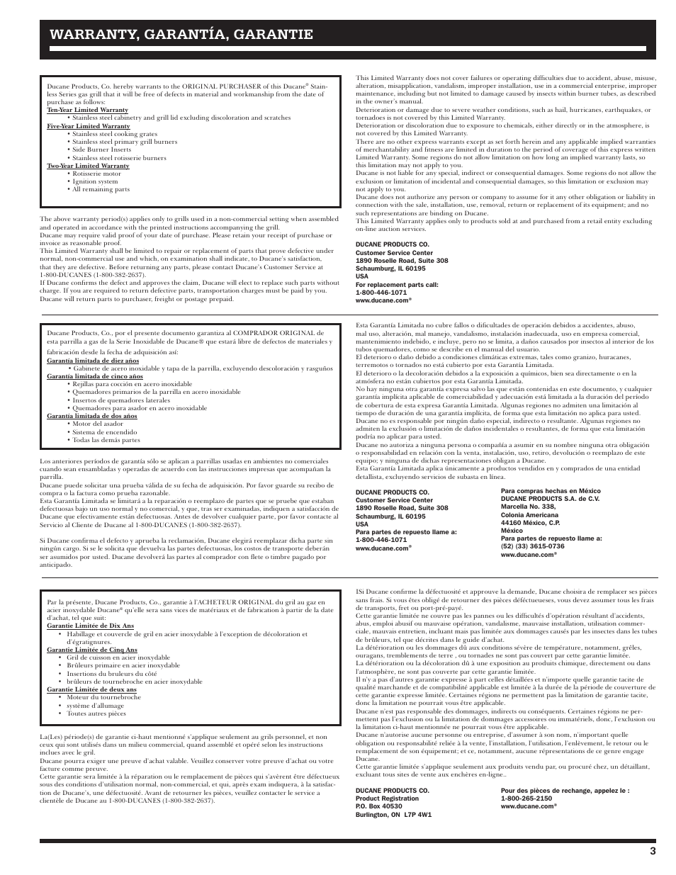 Warranty, garantía, garantie | Ducane Affinity LP Gass Grill 31-3200 User Manual | Page 3 / 60