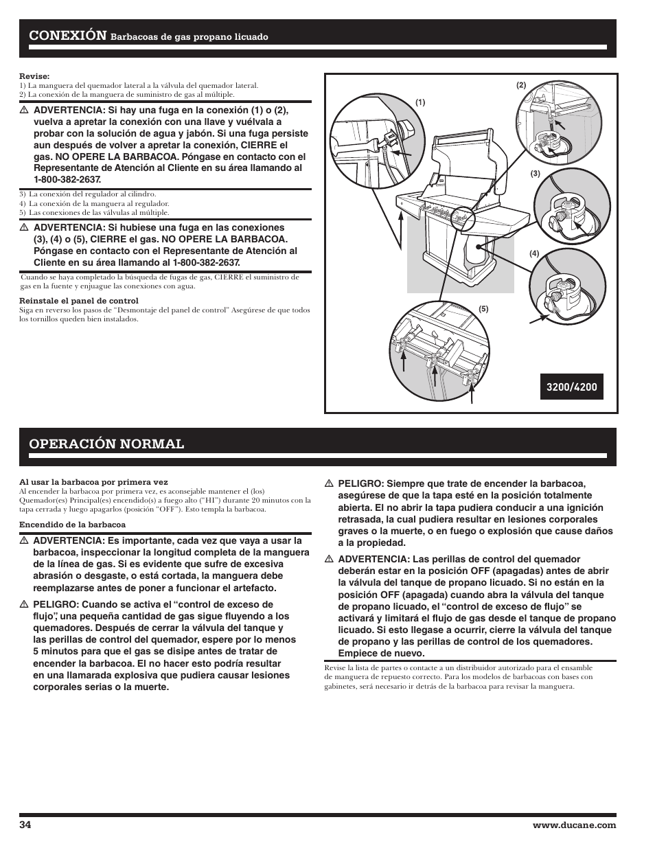 Conexión, Operación normal | Ducane Affinity LP Gass Grill 31-3200 User Manual | Page 34 / 60