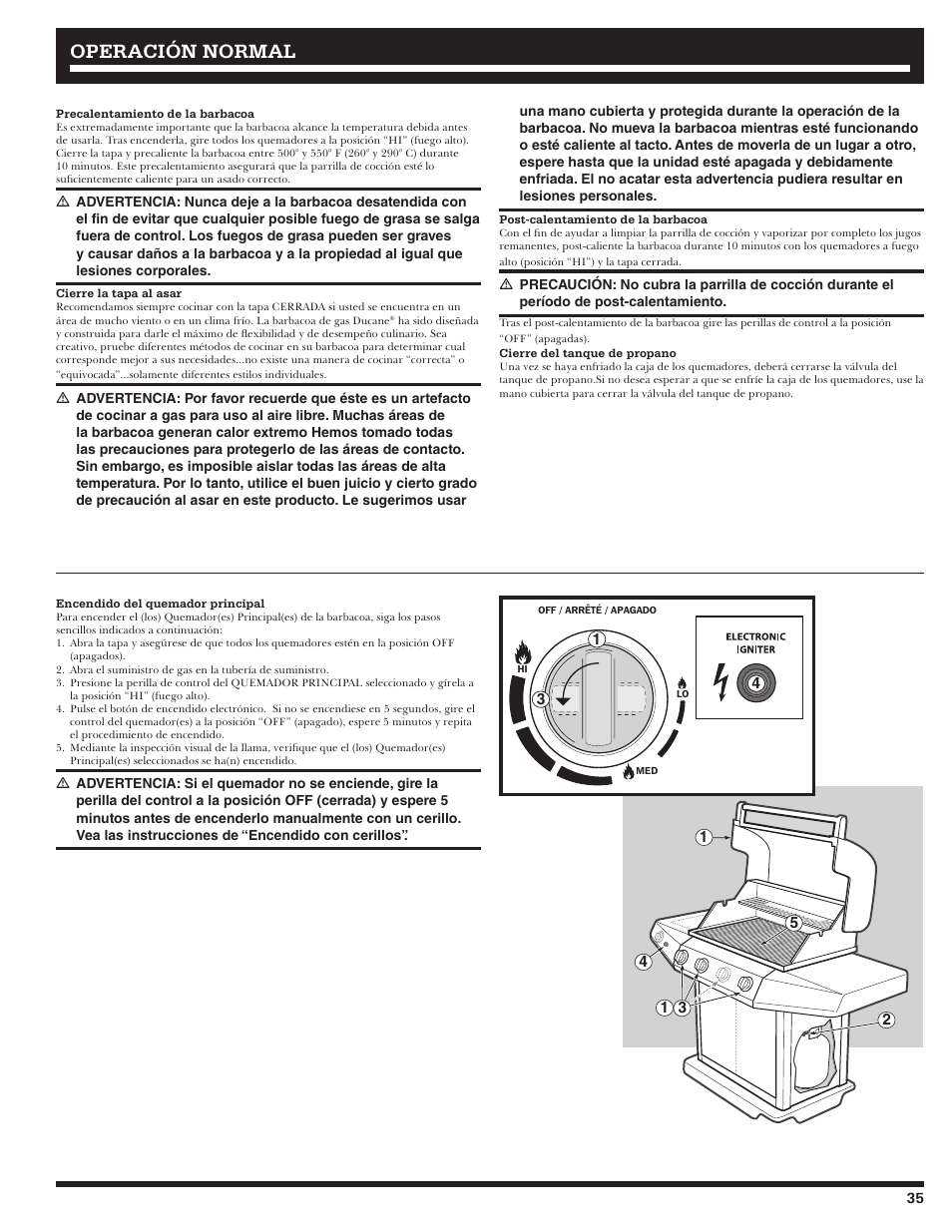 Operación normal | Ducane Affinity LP Gass Grill 31-3200 User Manual | Page 35 / 60