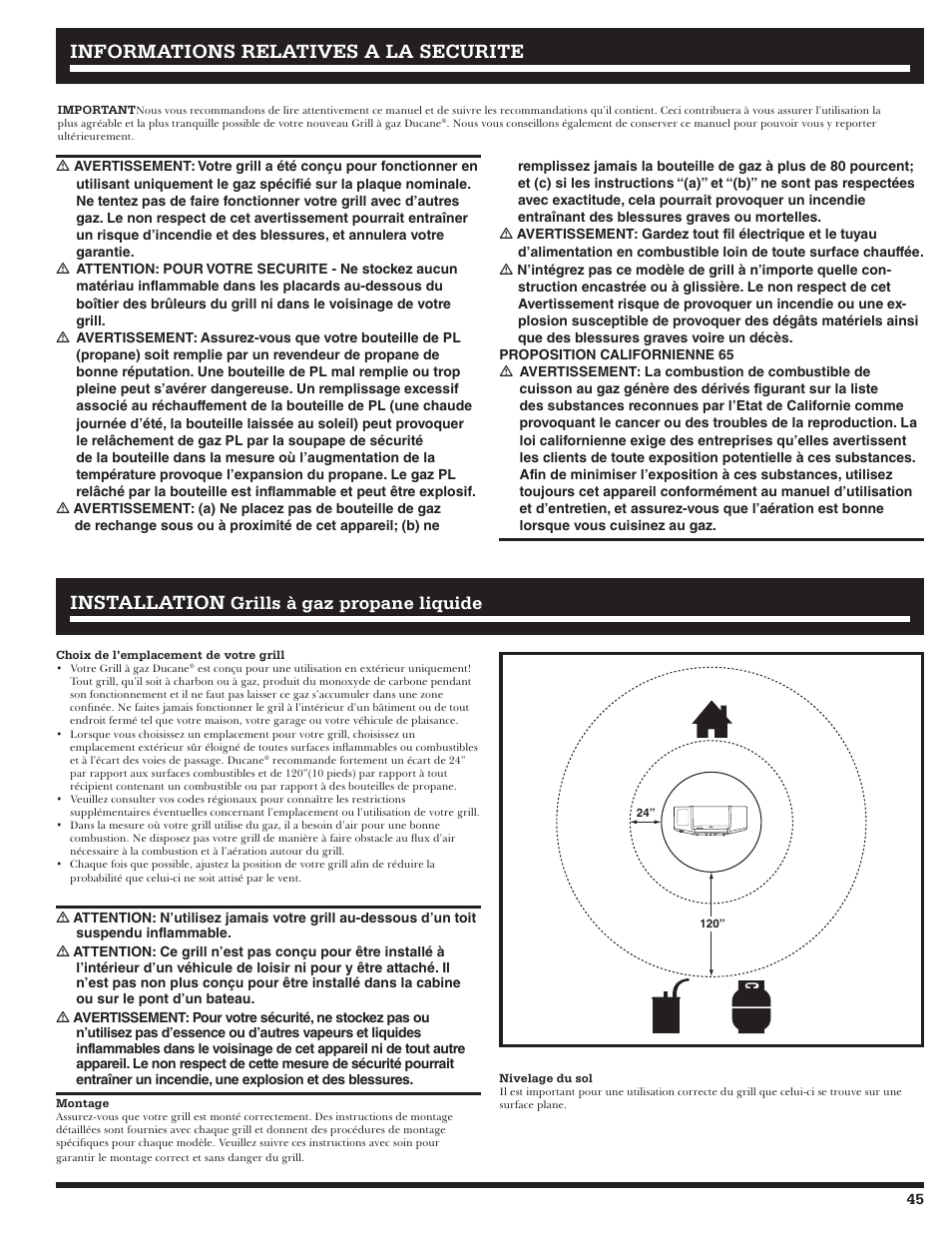 Informations relatives a la securite, Grills à gaz propane liquide | Ducane Affinity LP Gass Grill 31-3200 User Manual | Page 45 / 60