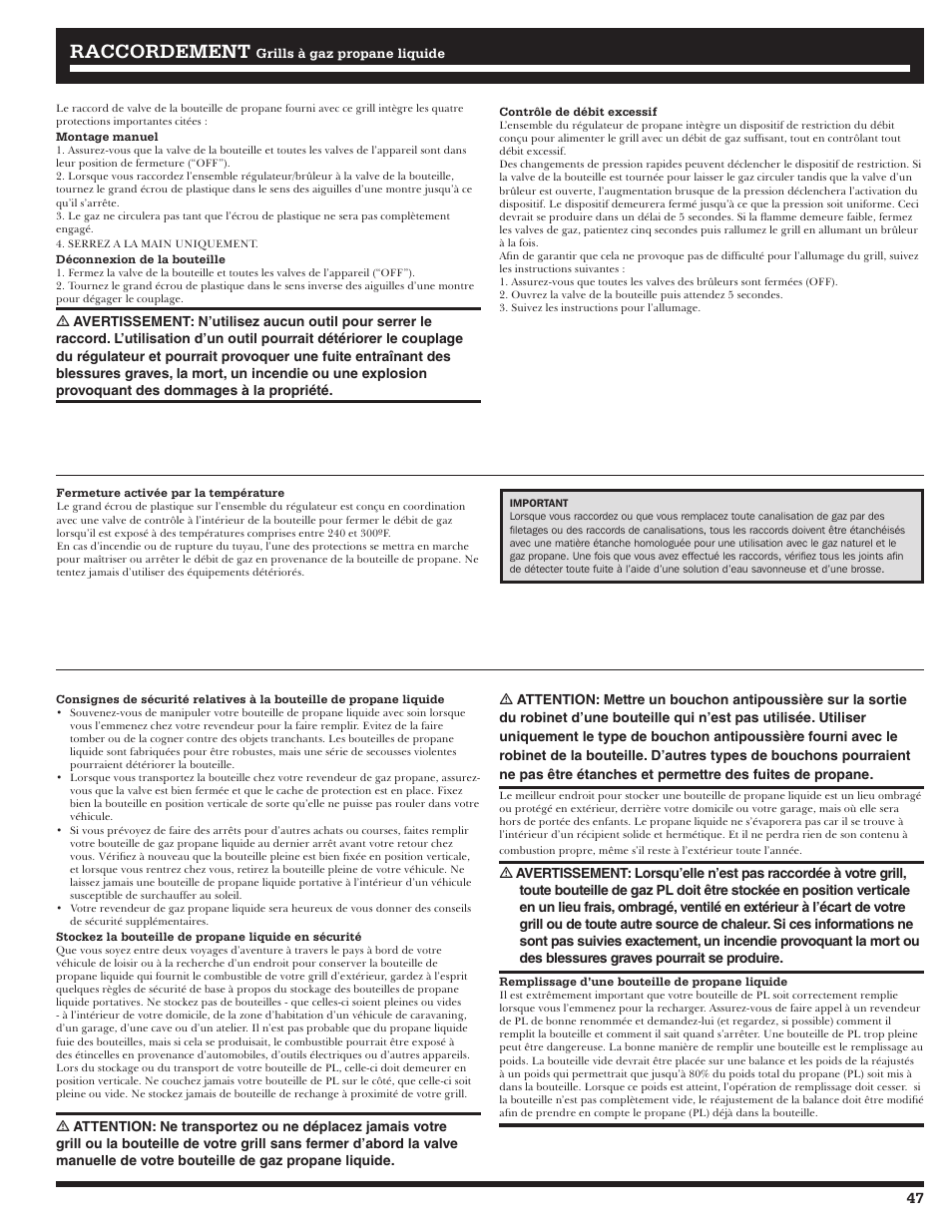Raccordement | Ducane Affinity LP Gass Grill 31-3200 User Manual | Page 47 / 60