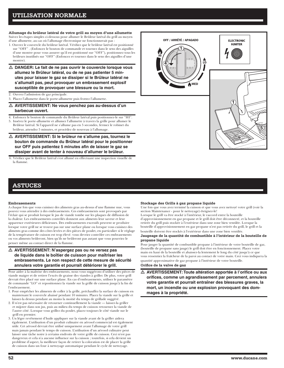 Utilisation normale, Astuces | Ducane Affinity LP Gass Grill 31-3200 User Manual | Page 52 / 60