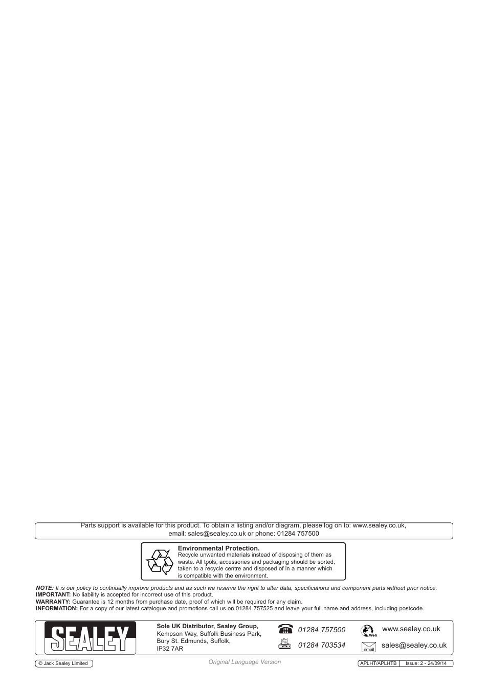 Sealey APLHT User Manual | Page 2 / 2