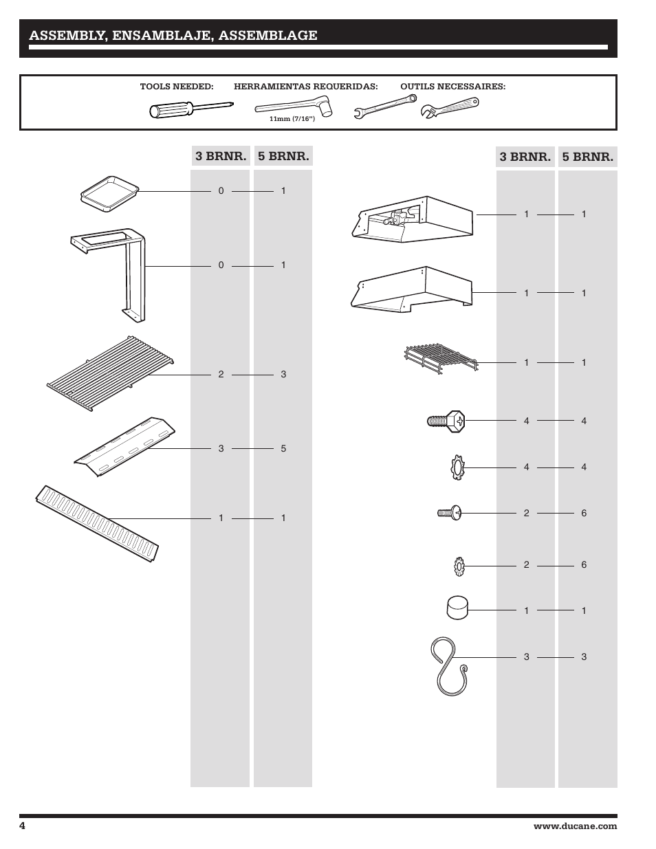 Assembly, ensamblaje, assemblage | Ducane 3200 User Manual | Page 4 / 56