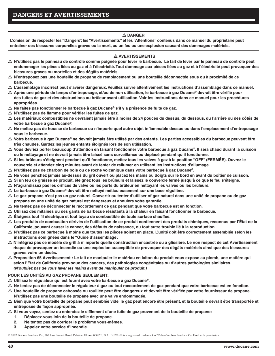 Dangers et avertissements | Ducane 3200 User Manual | Page 40 / 56