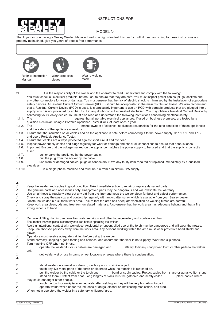 Sealey INVMIG160 User Manual | 7 pages