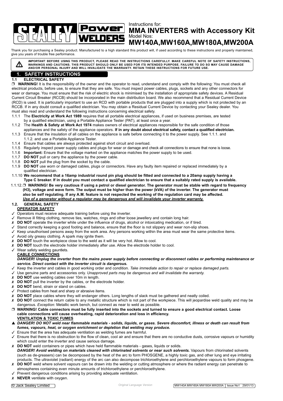 Mma inverters with accessory kit, Instructions for, Model nos | Safety instructions | Sealey MW140A User Manual | Page 2 / 6