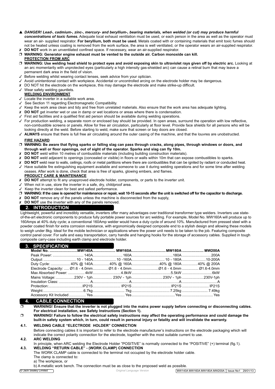 Introduction 3. specification, Cable connection | Sealey MW140A User Manual | Page 3 / 6