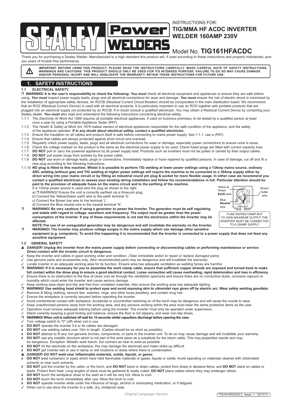 Tig161hfacdc, Safety instructions | Sealey TIG161HFACDC User Manual | Page 2 / 9