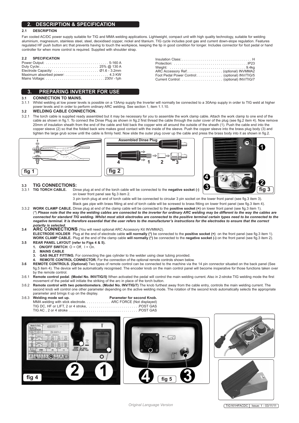 Fig 2 fig 3 fig 4, Description & specification, Preparing inverter for use | Fig 1, Fig 5 | Sealey TIG161HFACDC User Manual | Page 3 / 9
