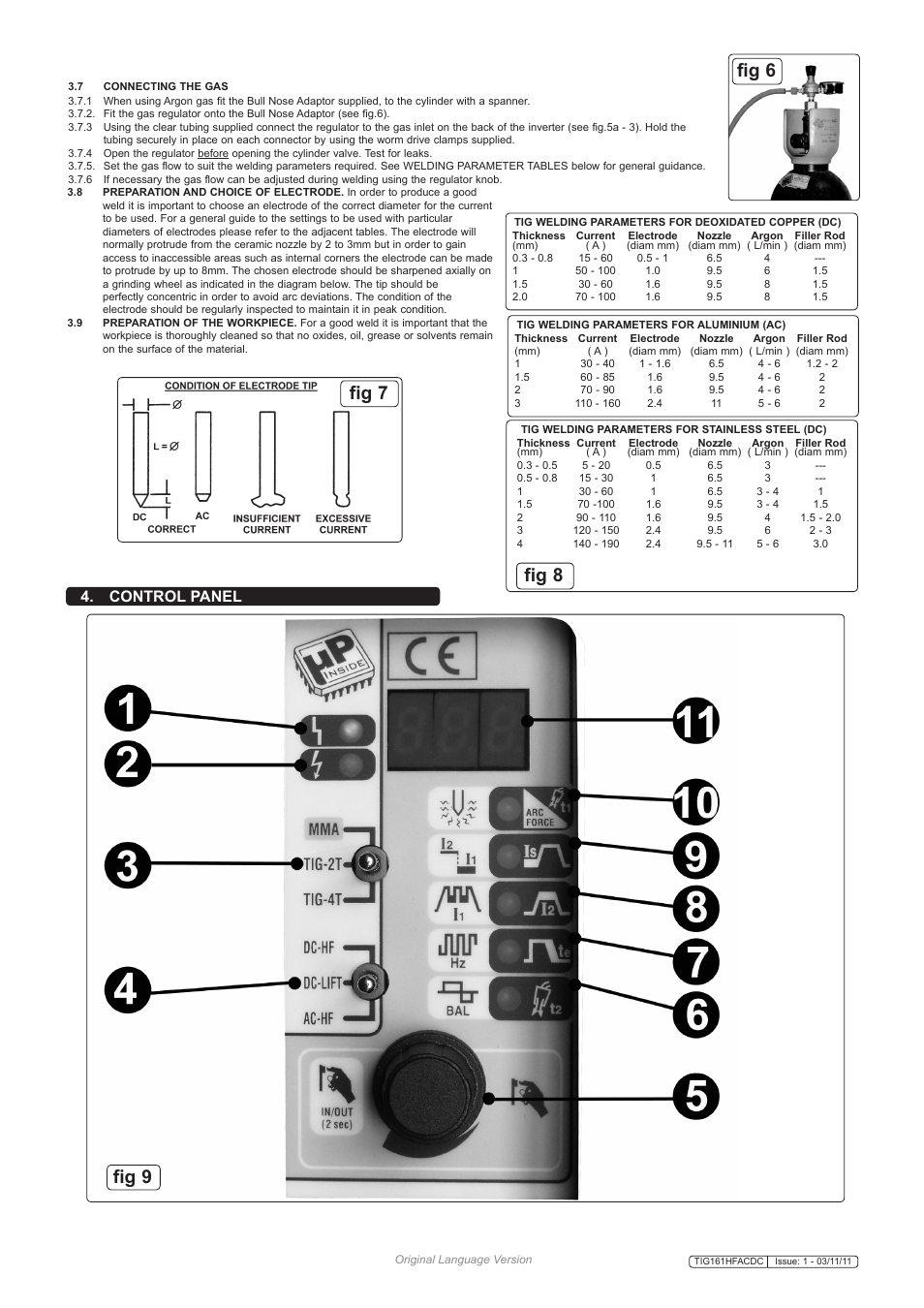 Fig 7, Fig 6 fig 8, Fig 9 | Control panel | Sealey TIG161HFACDC User Manual | Page 4 / 9