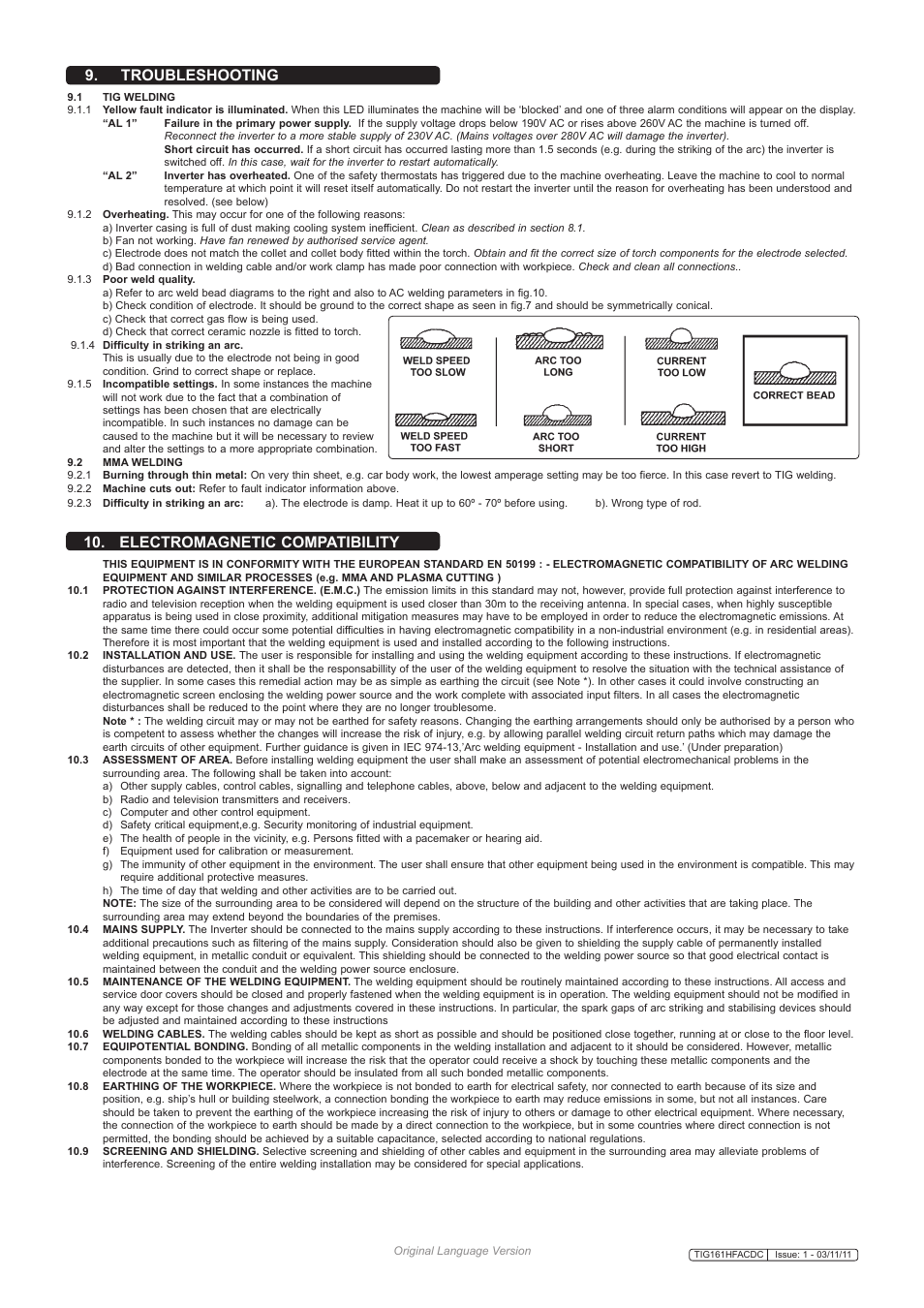 Electromagnetic compatibility, Troubleshooting | Sealey TIG161HFACDC User Manual | Page 8 / 9