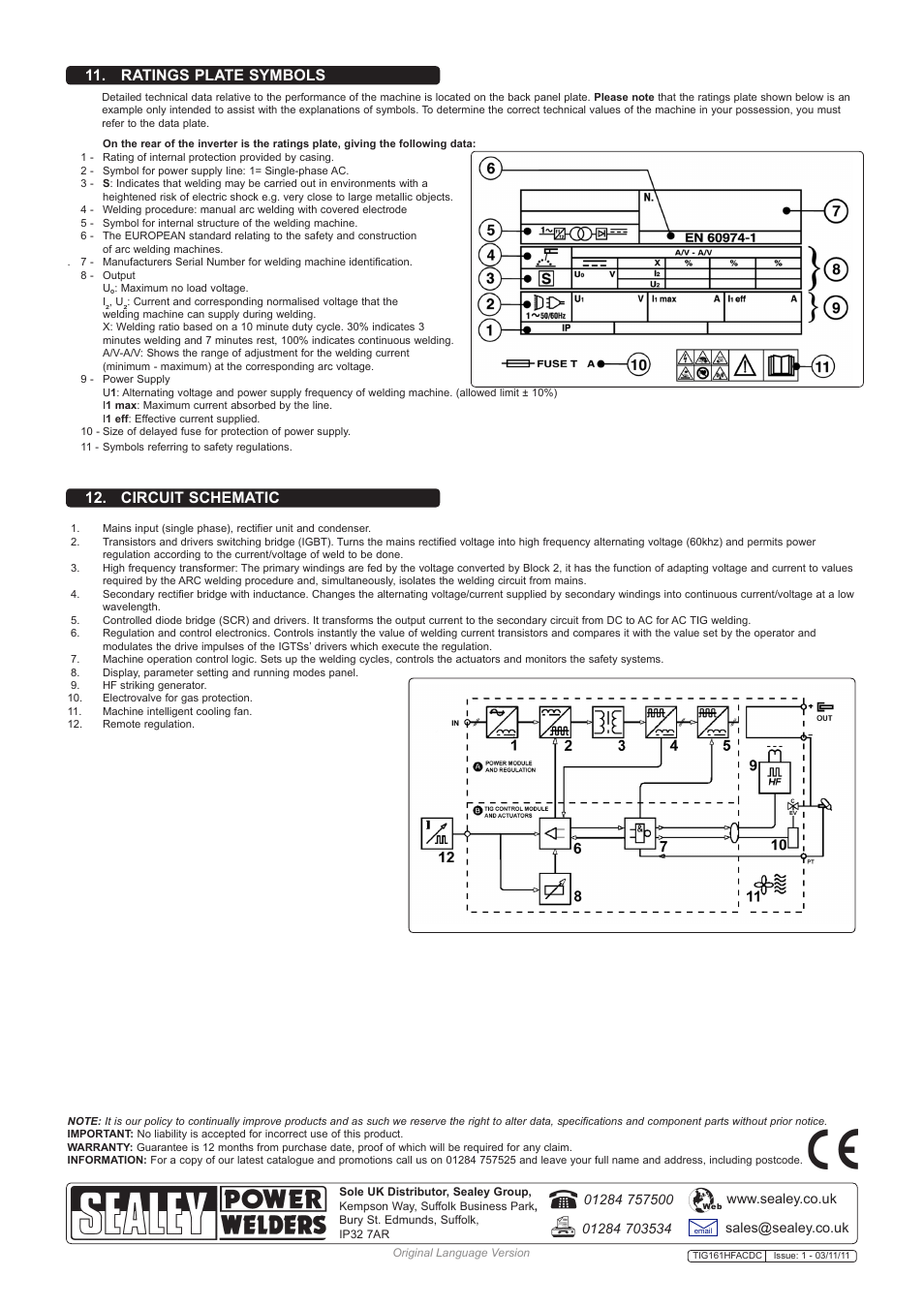 Circuit schematic, Ratings plate symbols | Sealey TIG161HFACDC User Manual | Page 9 / 9