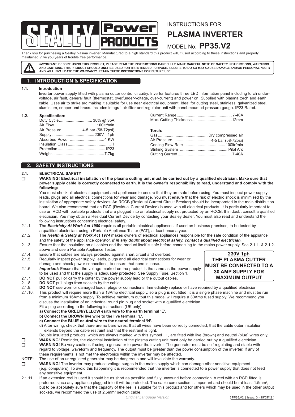 Plasma inverter, Pp35.v2, Instructions for | Model no, Safety instructions, Introduction & specification | Sealey PP35 User Manual | Page 2 / 7