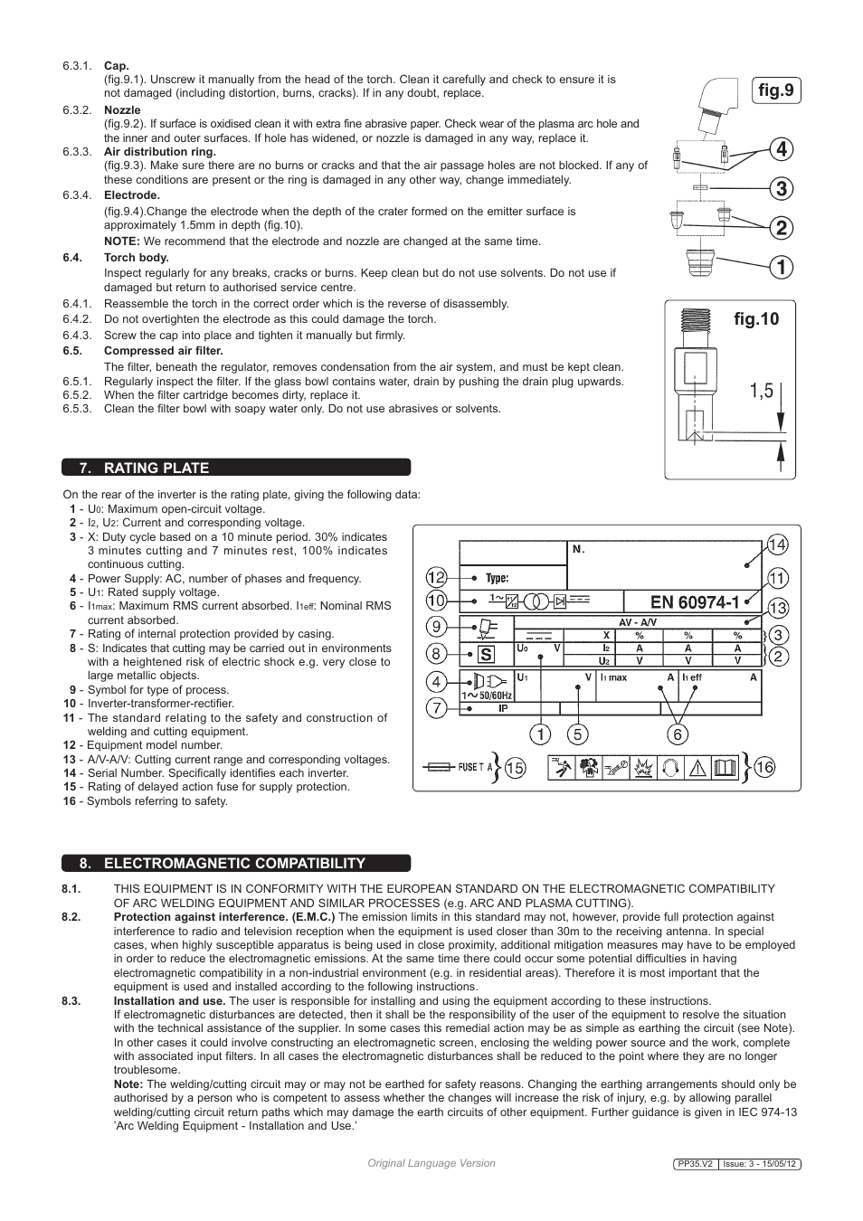 Fig.10 fig.9, Rating plate, Electromagnetic compatibility | Sealey PP35 User Manual | Page 6 / 7