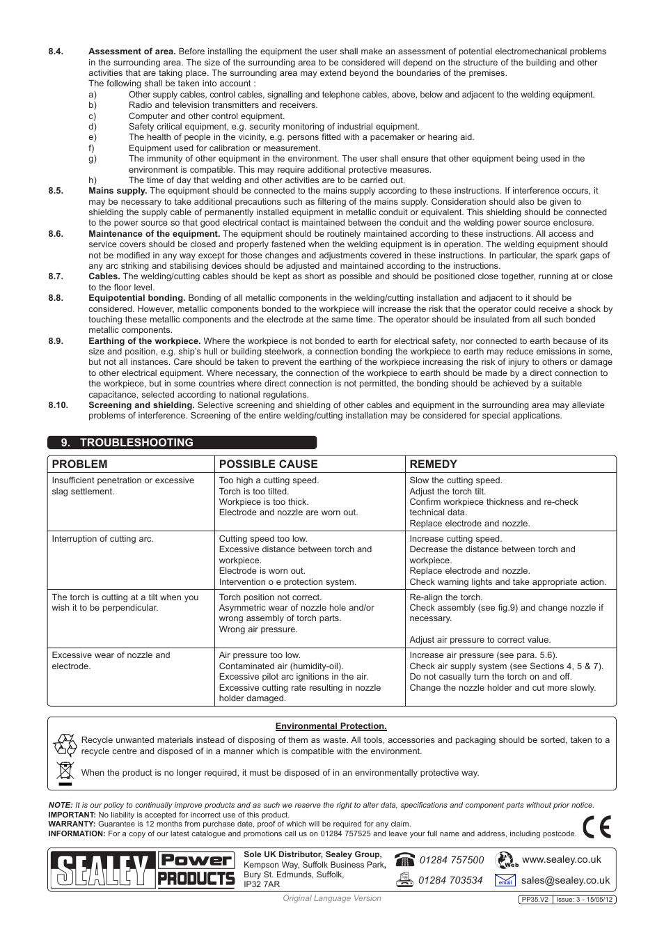 Troubleshooting problem possible cause remedy | Sealey PP35 User Manual | Page 7 / 7