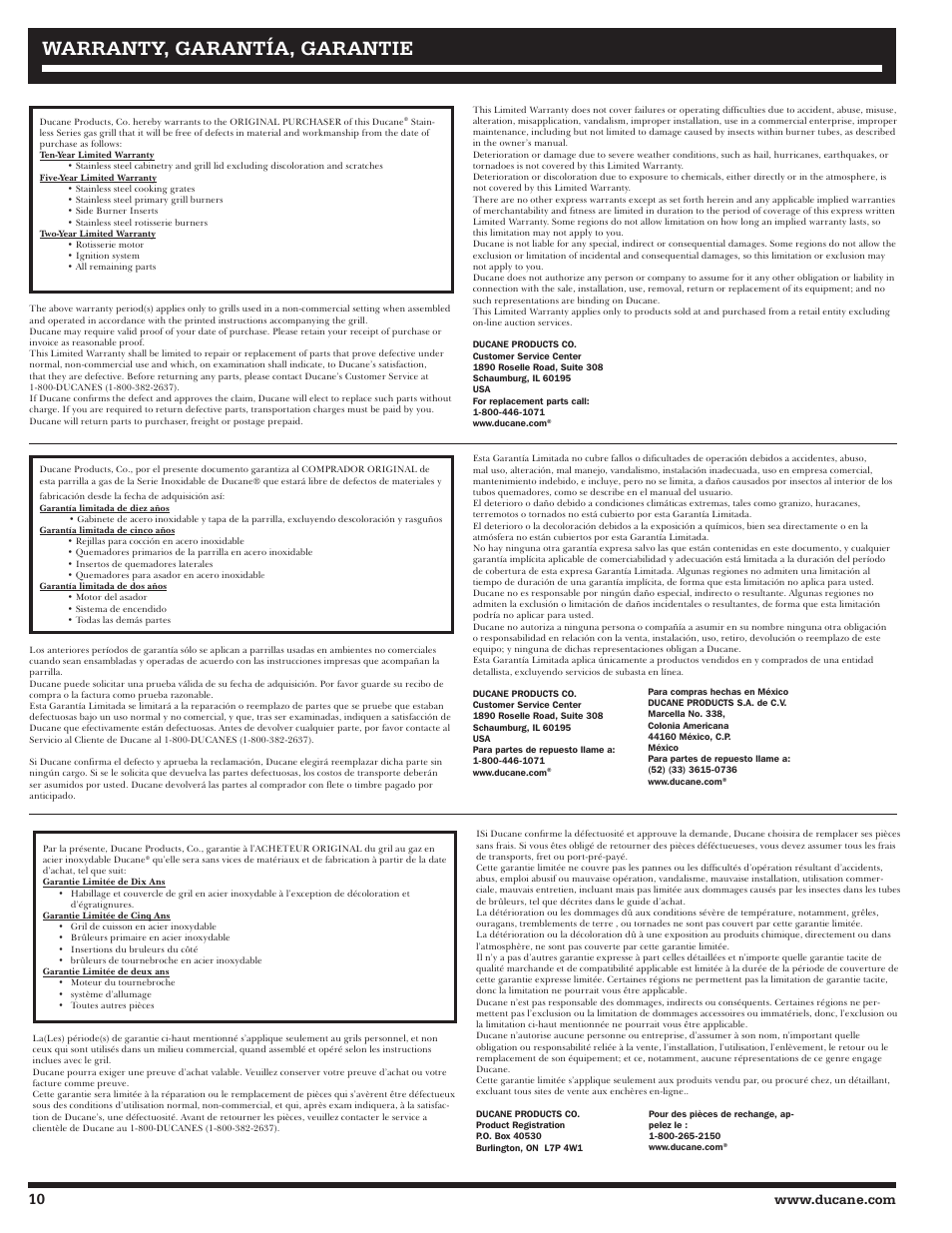 Warranty, garantía, garantie | Ducane 2020802 User Manual | Page 10 / 60