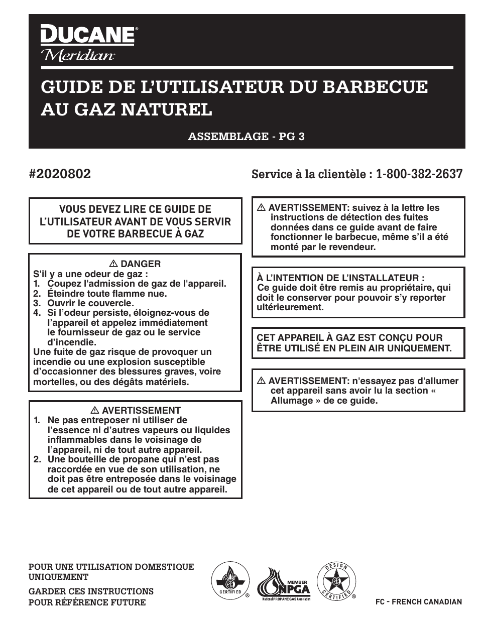 Guide de l’utilisateur du barbecue au gaz naturel, Service à la clientèle | Ducane 2020802 User Manual | Page 41 / 60