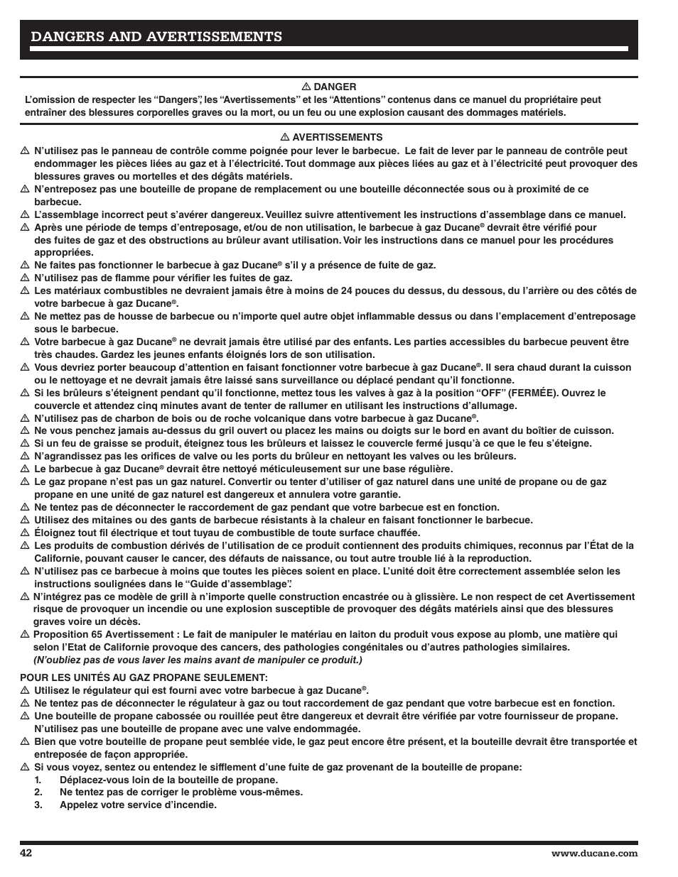 Dangers and avertissements | Ducane 2020802 User Manual | Page 42 / 60