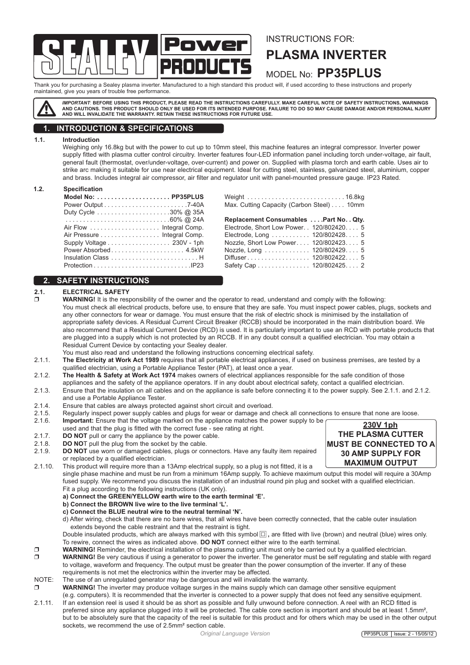 Plasma inverter, Pp35plus, Instructions for | Model no, Safety instructions, Introduction & specifications | Sealey PP35PLUS User Manual | Page 2 / 6