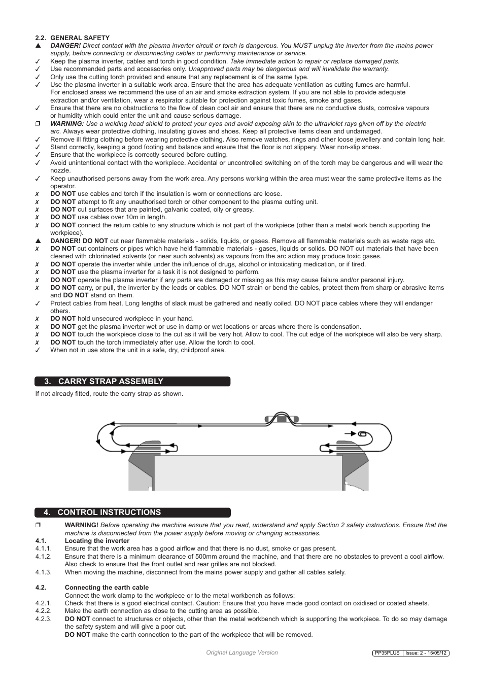 Carry strap assembly, Control instructions | Sealey PP35PLUS User Manual | Page 3 / 6