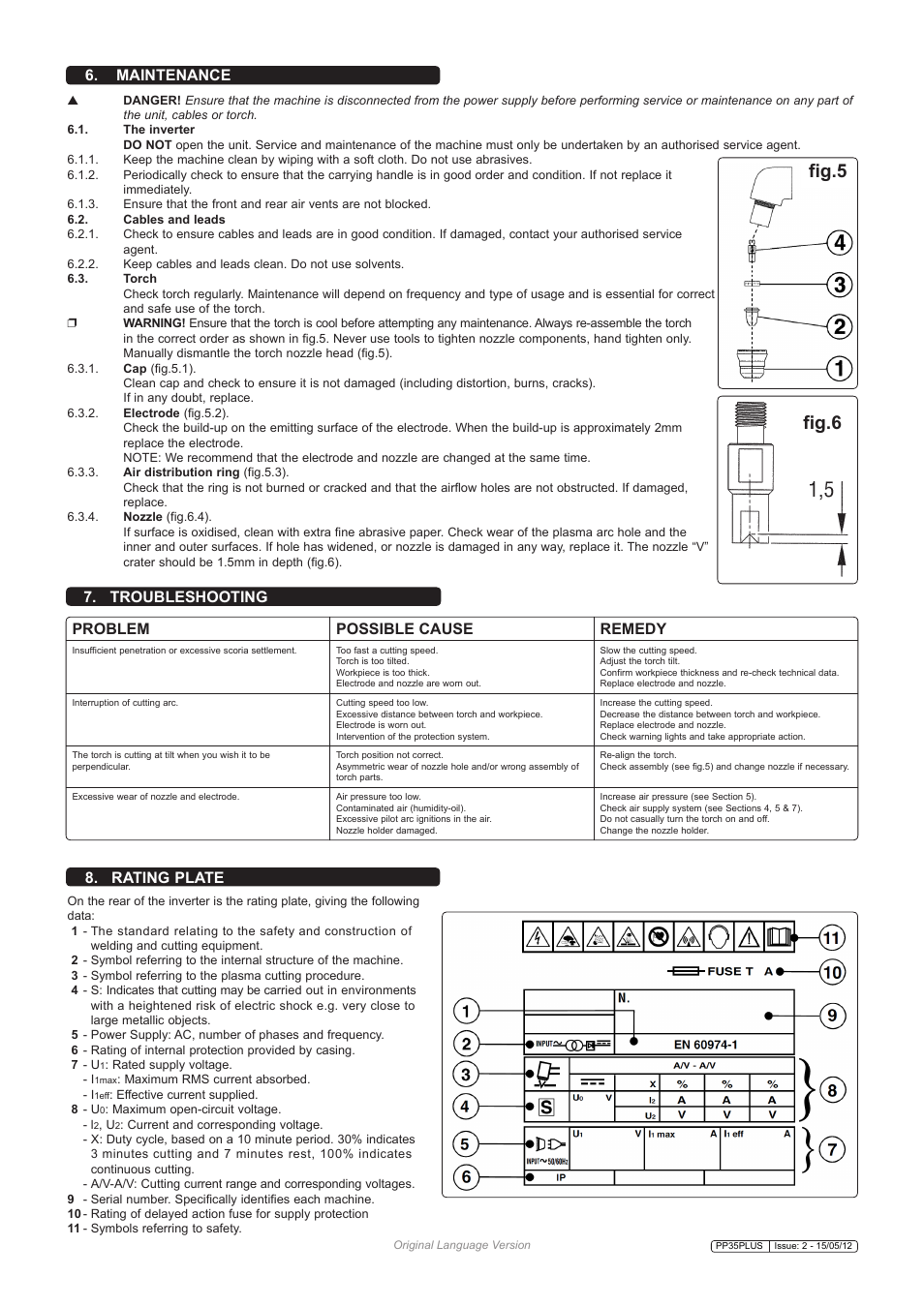Fig.6, Fig.5, Maintenance | Troubleshooting 8. rating plate, Problem possible cause remedy | Sealey PP35PLUS User Manual | Page 5 / 6