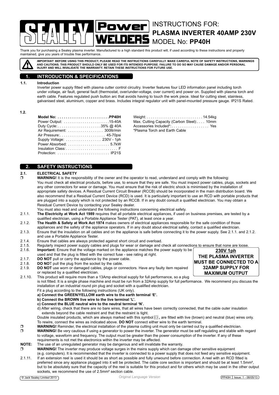 Safety instructions, Introduction & specifications | Sealey PP40H User Manual | Page 2 / 7