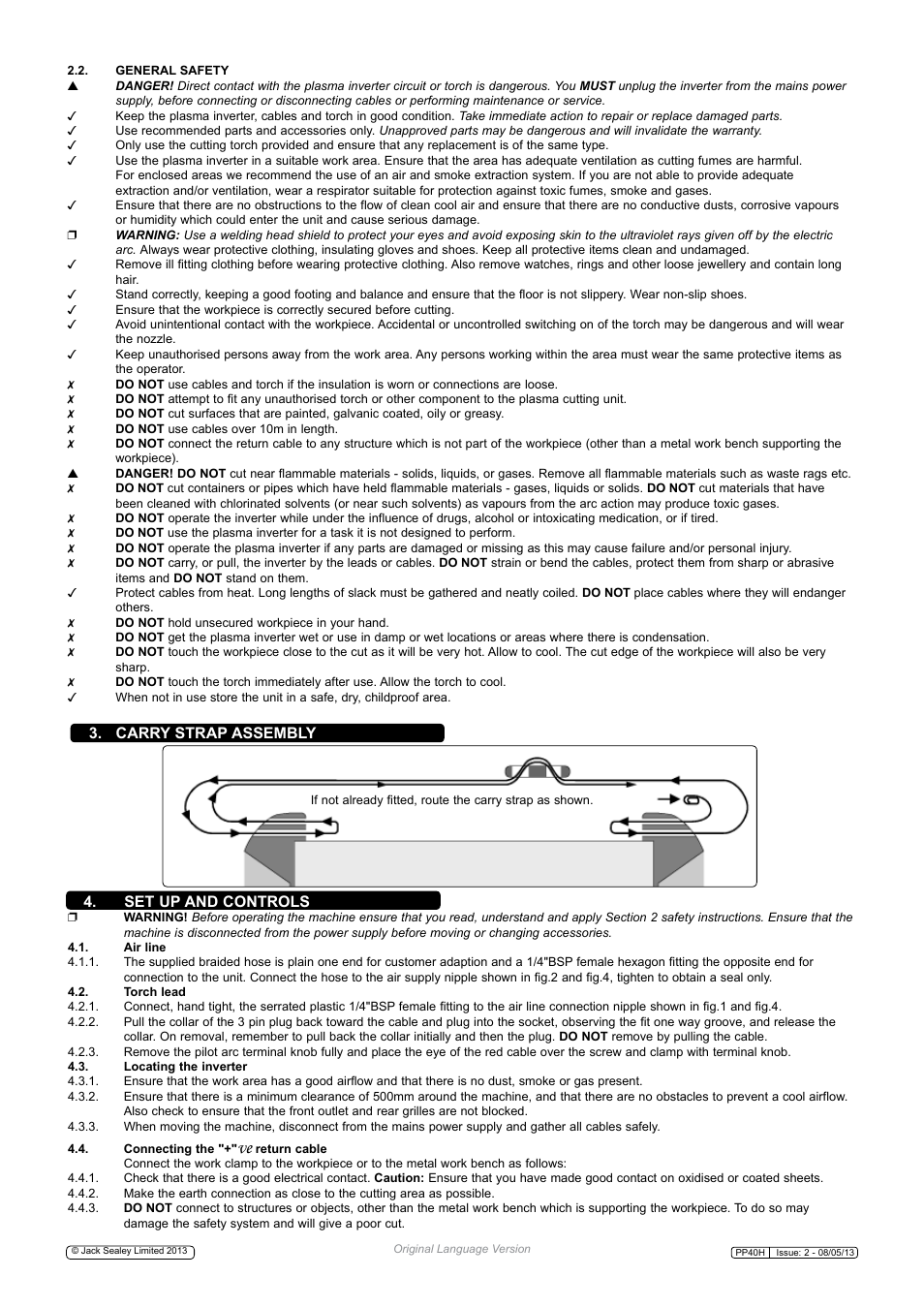 Carry strap assembly, Set up and controls | Sealey PP40H User Manual | Page 3 / 7